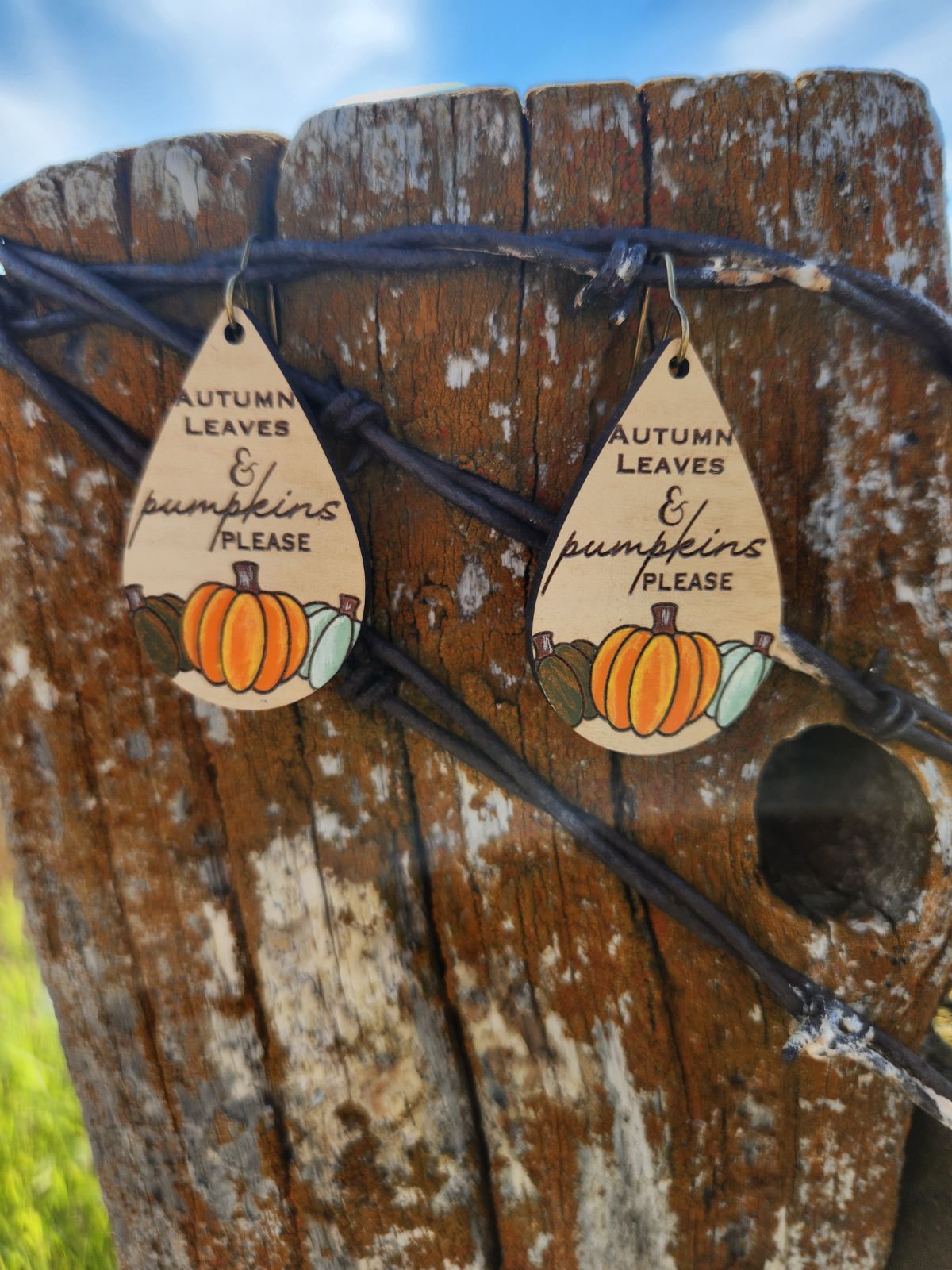 Autumn Leaves & Pumpkins Please Wooden Dangles