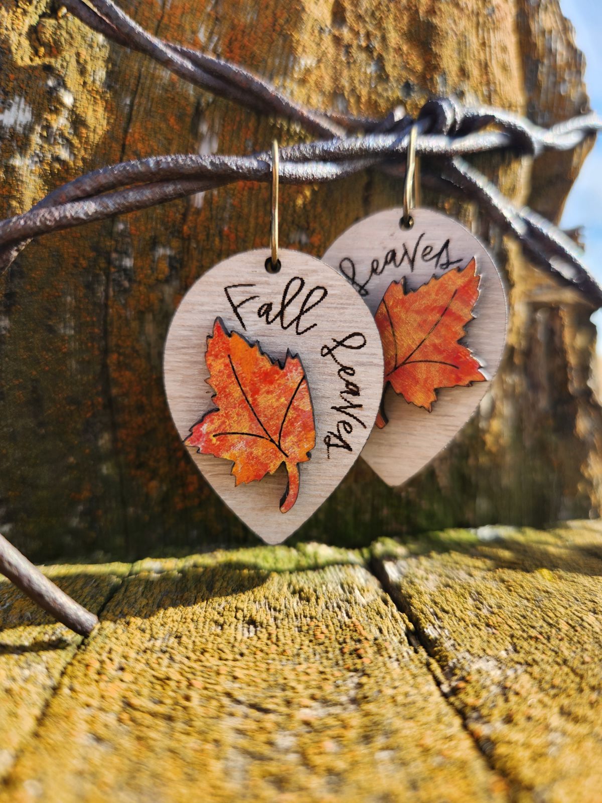 Wooden Fall Leaves 3D Dangles